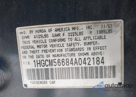 2004 Honda Accord 2.4 Ex from USA, damaged, VIN 1HGCM56684A042184